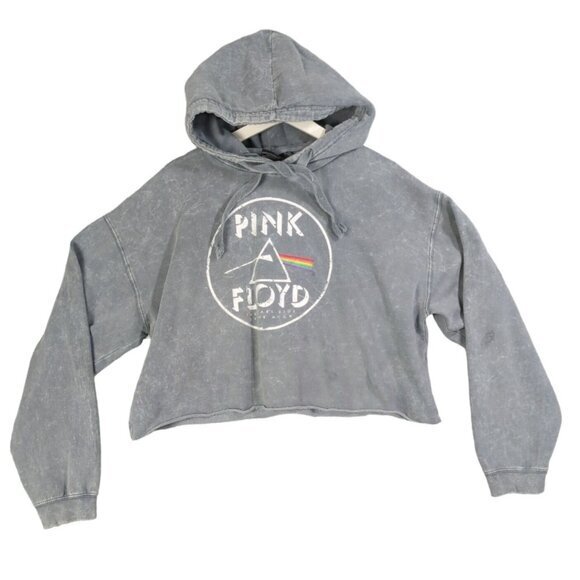 PINK FLOYD Hooded Sweatshirt Womens Size XL Acid Wash Crop Dark Side Of The Moon - Picture 1 of 11